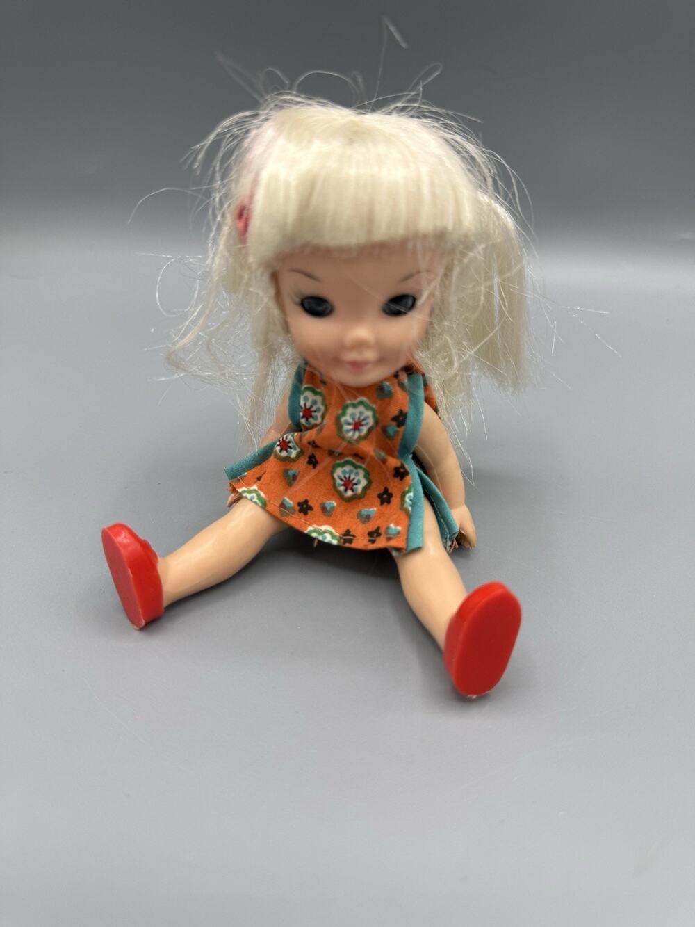 Vintage Remco Heidi Pocket Doll Blonde Orange Floral Dress Red Shoes 1960s